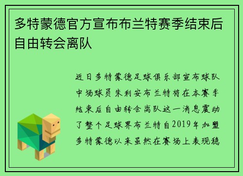 多特蒙德官方宣布布兰特赛季结束后自由转会离队